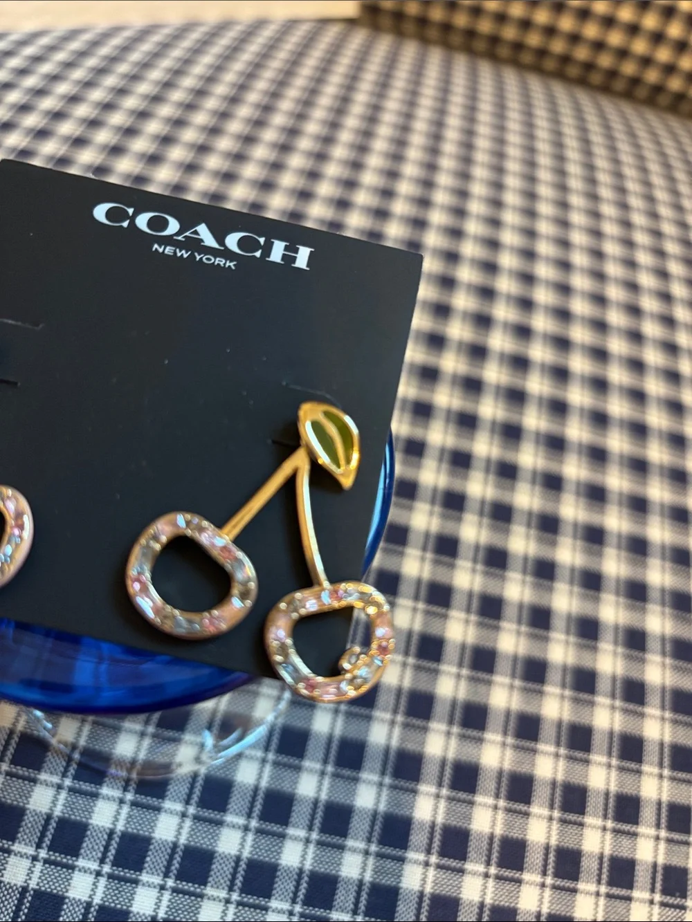 COACH Gold-Tone Cherry Drop Earrings with Pink pave Crystals